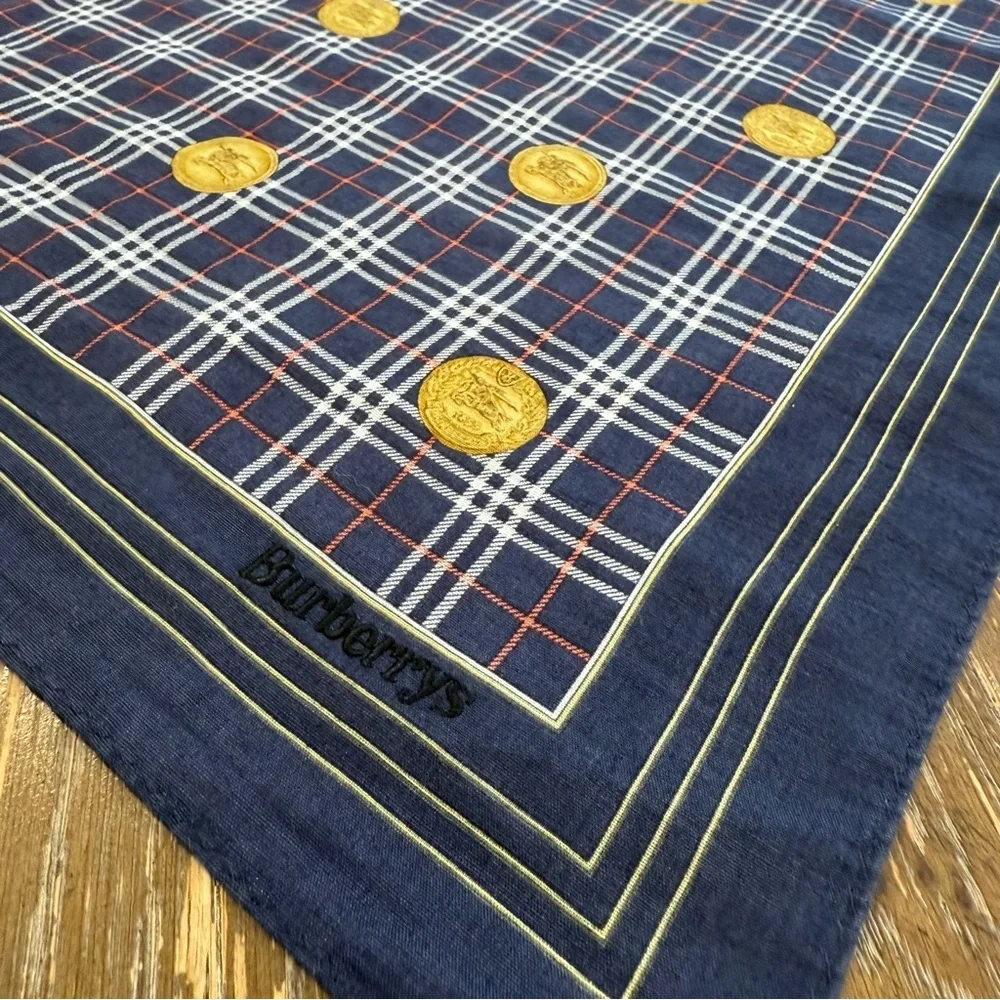 Burberrys Navy and Gold Plaid Handkerchief Bandana Cotton Scarf 20”
